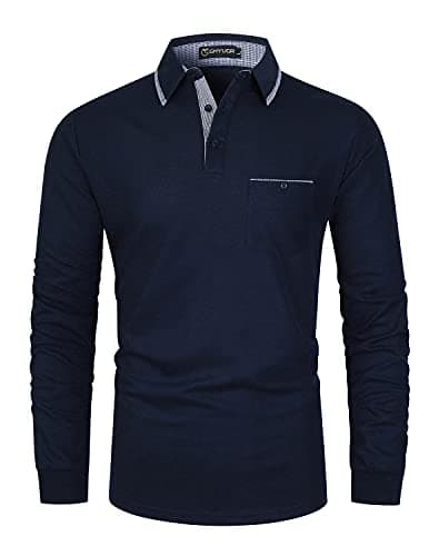 Image of GHYUGR Men's Polo Shirt Long Sleeve Plaid Splice Collar Golf Tennis T-Shirt,Blue 3,XL