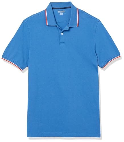 Image of Amazon Essentials Men's Slim-Fit Cotton Pique Polo Shirt, Blue Thin Stripe, M