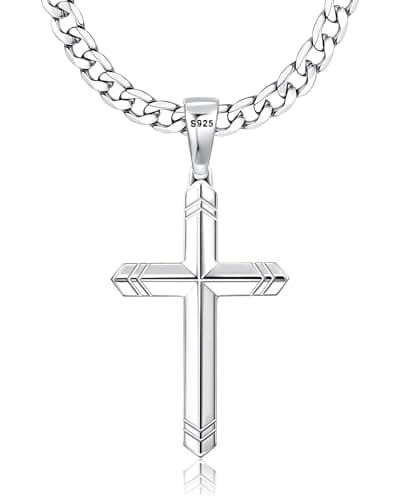 Image of FIOROYAL 925 Sterling Silver Cross Necklace for Men Women, 5MM Durable Stainless Steel Diamond Cut Cuban Link Curb Chain with Silver Cross Pendant, Mens Cross Crucifix Necklaces Jewelry 16-30Inches/28