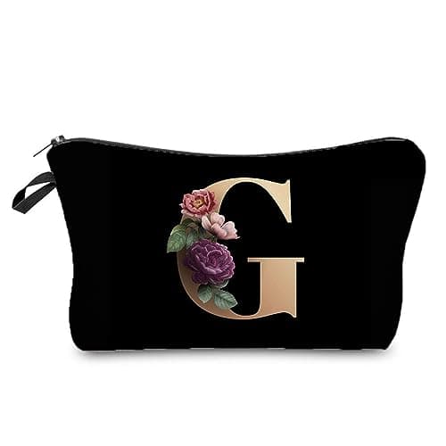 Image of 26-Initials Flower Cosmetic Bag A-Z Letter Makeup Bag Women Travel Carrying Cases Ladies Gift Portable Beauty Bags Fashion Storage Handbag Protective Cover Organizers Beauty Bags