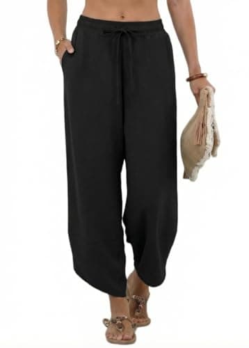 Image of PrinStory Wide Leg Trousers For Women Uk Drawstring Elastic Waist Trousers Summer Lightweight Pants Loose Pants With Pockets (Black, XL)
