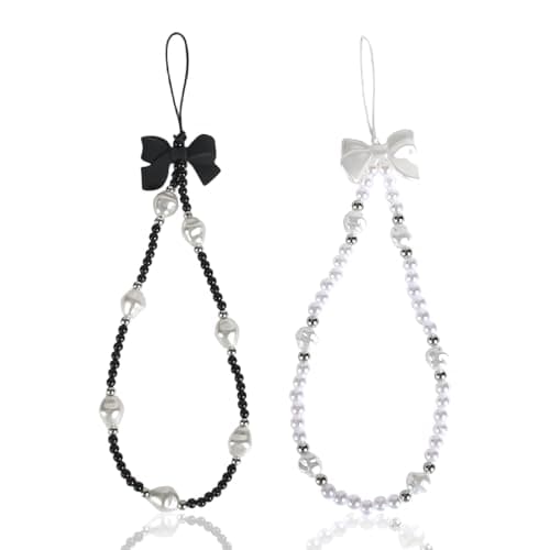 Image of Reownest 2 Pack Beaded Phone Bracelet Strap, Cute Bowknot Beaded Chain Aesthetic Wrist Strap, Anti-Lost Acrylic Lanyard Charm for Women Girls - Black, White