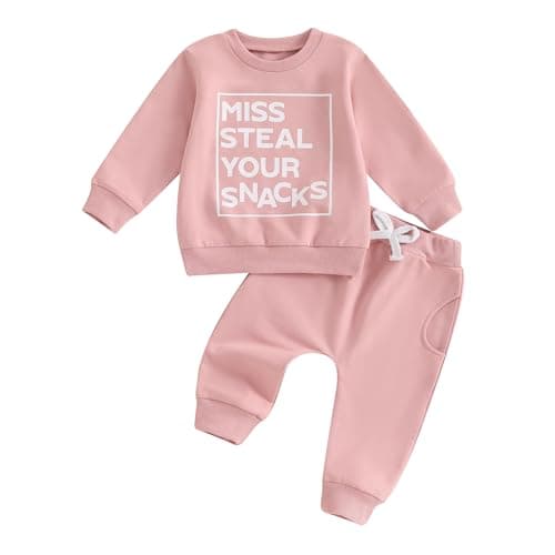 Image of Yigubigu Toddler Baby Girls Clothes Cute Outfit Letter Print Long Sleeve Sweatshirt Pullover Elastic Waist Pants 2 Piece Spring Set Tracksuit 0-4Y (Pink, 3-4T)