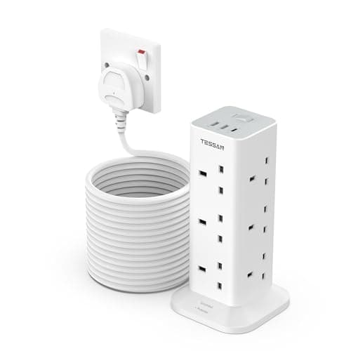 Image of TESSAN Tower Extension Lead 10M with 3 USB Slots, 12 Way Multi Plug Extension Sockets with Long Cable, Surge Protected Power Strip with Switch for Home, Office, Kitchen, School Supplies