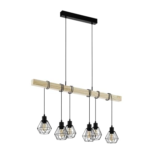 Image of Eglo Pendant Lighting Townshend 5, 6-lamp Vintage Ceiling Light Fitting, Industrial Hanging lamp for Living and Dining Room, Black Metal and Natural Wood, E27 Socket