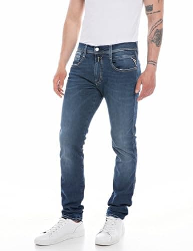 Image of Replay Men's Anbass Slim-Fit Hyperflex Jeans with Stretch, Blue (Dark Blue 007), 34W / 32L