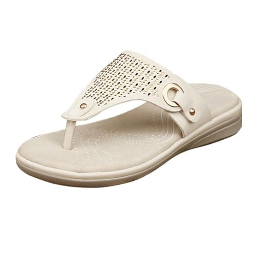Image of Leather Toe-Post Thong Sandals Size 5 UK Clearance Ladies Diamante Toe Post Flat Low Wedge Flip Flop Summer Sandals Sliders Mules for Casual Dress White Footwear Gifts