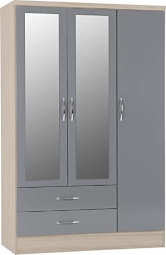Image of Seconique Nevada 3 Door 2 Drawer Wardrobe in Grey Gloss/Light Oak Effect Veneer