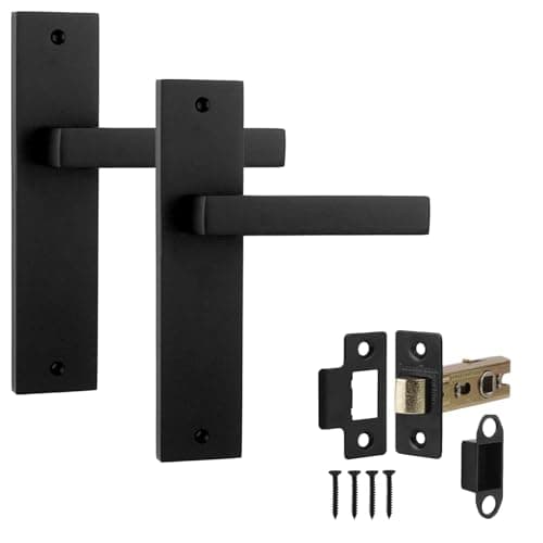 Image of Decoranddecor Lumina Matt Black Backplate Door Handles Set with 2.5in Fire-Rated Tubular Mortise Latch – Contemporary Internal Door Handles, Art Deco Design for Residential & Commercial Interiors