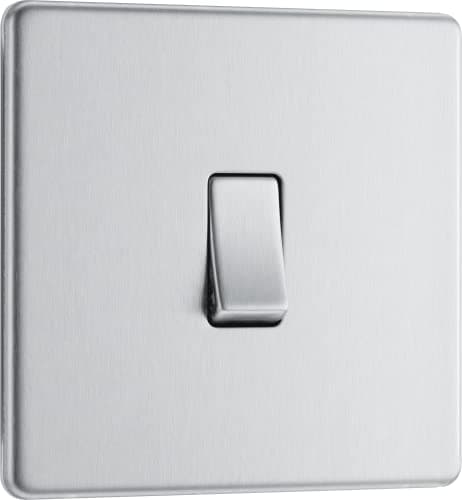 Image of BG Electrical Single Wall Light Switch, 2 Way, Screwless Front Plate, Slim Profile, Premium Flatplate, Brushed Steel, 20A, 16AX, FBS12