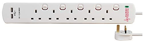 Image of PRO ELEC PELB1966 – 5‑Gang Switched Surge‑Protected Extension Lead with USB, 2 m, White