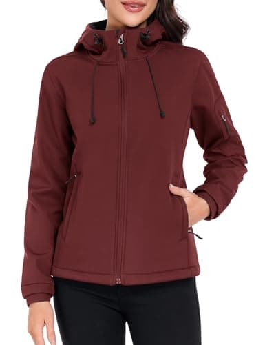 Image of Vancavoo Winter Jackets for Women Softshell Jacket with Hood Fleece Lined Ladies Coats Windbreaker Waterproof Hiking Breathable Outerwear for Outdoor Cycling Spring Fall,Wine red,XL