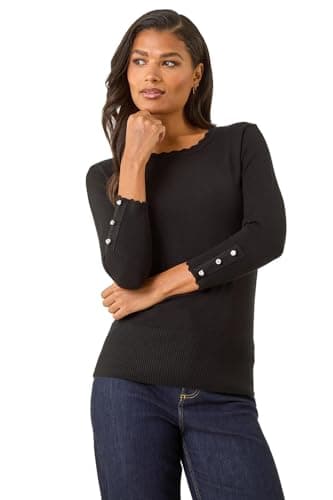 Image of Roman Diamante Button Scallop Edge Jumper for Women UK Ladies Autumn Everyday Winter Holiday Round Neckline Comfy Long Sleeve Soft Slim Fit Knitted Sweater Warm Tops - Black - Size 10