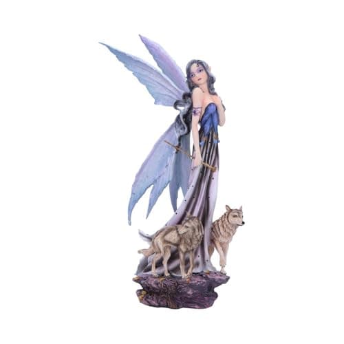 Image of Nemesis Now Gothic Fantasy Fairy Statue with White Wolf - Hand-Painted Resin Figurines for Collectors, Gifts, and Home Decor - Lina 10 in