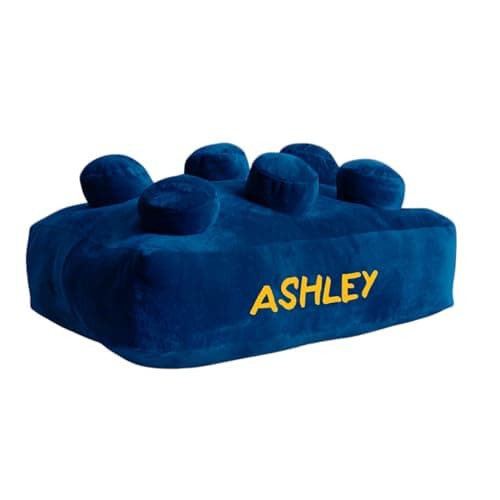 Image of Echo Three Personalised Building Brick Cushion | Blue Pillow Name | Kids Room Gift Home Filled Cushions Decorative Retro Fun