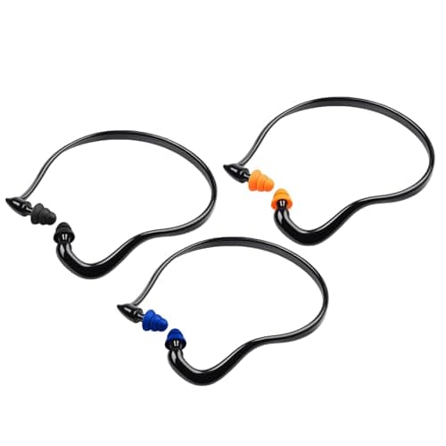 Image of Ear Defenders Adults, 6 Pairs Banded Ear Plugs, for Swimming, Work, Construction, Automotive, Industrial Use, Black Frame with Orange, Blue, Black Earplugs