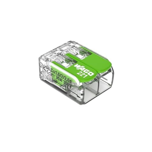 Image of WAGO Green Range Terminal Block 2-Wire, to 4 mm², Splicing Connectors 2-Pole with Lever for All Conductor Types Pluggable, 221-422, 100 pcs