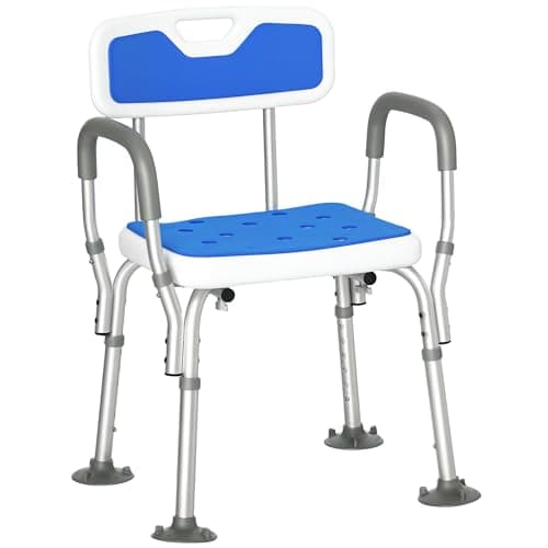 Image of HOMCOM EVA Padded Shower Chair for the Elderly and Disabled, Height Adjustable Shower Stool with Back and Arms, 4 Suction Foot Pads, Blue