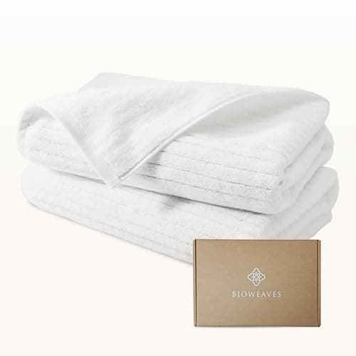 Image of BIOWEAVES 100% Organic Cotton 700 GSM Luxury Ribbed Bath Towel Set for Bathroom 30" x 58" GOTS Certified - White, Pack of 2