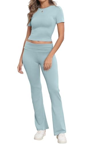 Image of IWOLLENCE Loungewear Sets for Women UK Two Piece Outfit Short Sleeve Crop Top and High Elastic Waist Wide Leg Trousers Co Ord Set (Light Blue, S)