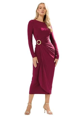 Image of Long Tall Sally - LTS Tall Red Jersey Drape Long Sleeve Buckle Dress - Women's