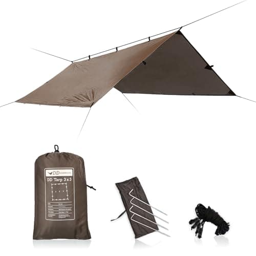 Image of DD Hammocks - DD Tarp 3x3 - Coyote Brown - Lightweight and 100% Waterproof Tarp Tent with 4x Pegs and Guy Lines for Camping Scouts and Bushcraft Adventure