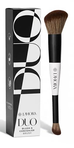Image of Lamora Liquid Blush + Concealer Foundation Dual-Ended Makeup Brush - Full Face Duo Angled Makeup Brush for Powder, Cream or Liquid Bronzer Blush Highlighter - Vegan, Cruelty-Free, Synthetic Bristles