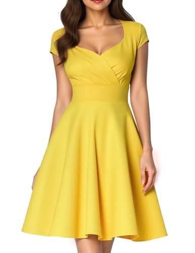 Image of Fynadressr Wedding Guest Prom Dresses for Women 1950s Vintage Cocktail Dress 50s Italian Birthday Dresses Retro a Line Party Swing Yellow M