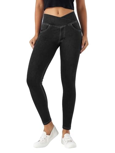 Image of LaiEr V Crossover Skinny Jeans Women High Waist Pull onTummy Control Casual Fitness Leggings, Highly Elasticity Soft Fabric with Side Pockets Yoga Pants(BlackL)