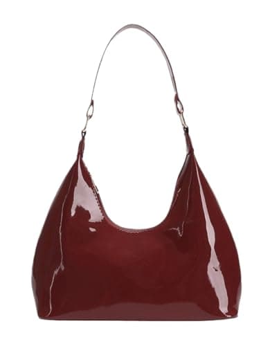 Image of Brymthy Women's Wine Red Patent Leather Hobo Bag, Crescent Shoulder Bag, Small Going Out Tote Satchel Purse, 10.2 x 3.1 x 8.2 inches