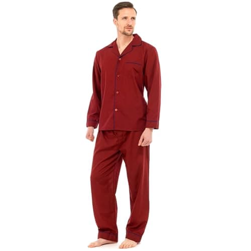 Image of Mens Traditional Pyjamas 2 Piece Set Classic Style Plain Poly Cotton Pjs Nightwear Lounge Wear Sleepwear Suits Button Up Long Sleeve Shirt Tops Pants Trousers Bottoms(Burgundy, M)
