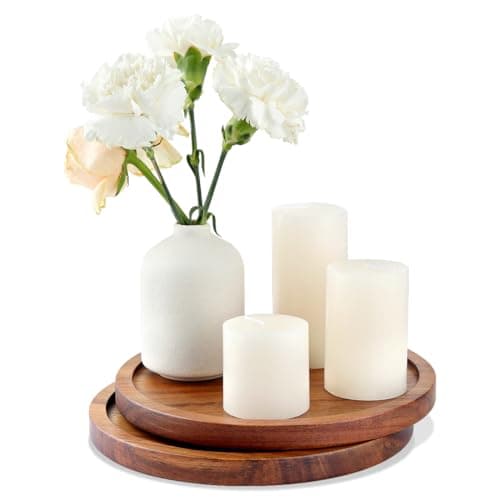 Image of Candle Tray Table Centre Piece Decoration Set of 2, Acacia Wood Decorative Trays Candle Plate Holder for Coffee Table Display Home Decor Farmhouse Rustic Round Wooden Tray for Christmas Decor 20cm