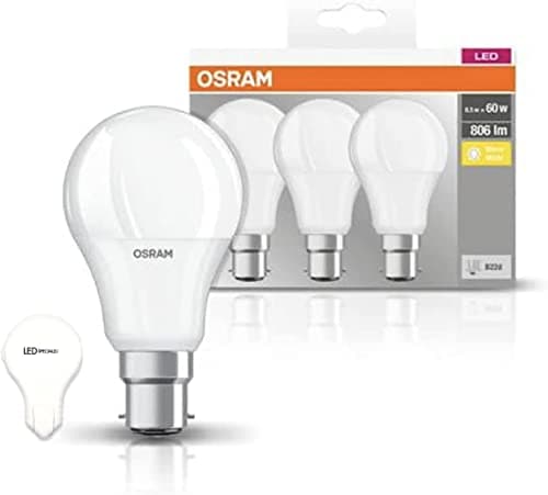 Image of OSRAM LED Base Bayonet Cap GLS A60 LED lamp, Classic Bulb Shape, with BC B22 Base, 8.5W - 60 W Halogen Replacement, Frosted, 2700 K, Pack of 3 (Bayonet Cap A60 GLS 3 Pack)