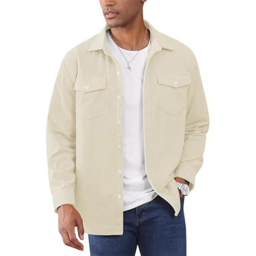 Image of LBL Men's Corduroy Shirt Casual Long Sleeve Shirts Button Down Shacket Jacket with Flap Pockets APH089 Beige XL