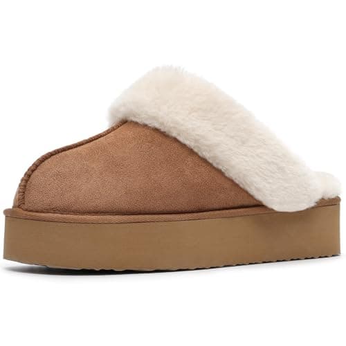 Image of Fallzor Platform Slippers for Women Faux Suede Slip On Round Toe Ladies Slippers Fluffy Warm Winter Comfortable Soft Lining Mule Slippers Gifts for Women