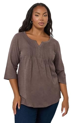Image of Yours Curve Mocha Pintuck Henley Top - Women's - Plus Size Curve