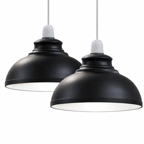Image of DC VOLTAGE Pack 2 Ceiling Light Shade, Industrial Curvy Easy Fit Metal Pendant Lamp Bulb Guards, Non Electric Vintage Lampshade for Kitchen, Living Room, Bedroom Black Inner White