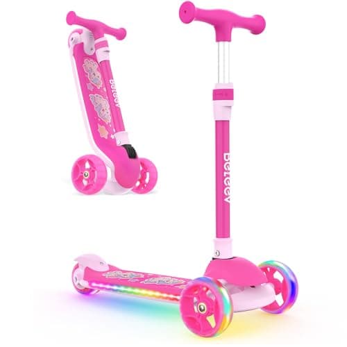 Image of BELEEV Scooter for Kids with Light-Up Wheels & Deck, 3 Wheel Folding Scooter for Toddlers Girls Boys, 4 Adjustable Height, Non-Slip Pattern Deck, Kick Scooter for Children Ages 3-12(Pink)