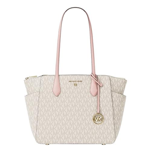Image of Michael Kors Marilyn Medium Top-Zip Tote Bag, Gold-Tone Hardware/MK Signature/Powder Blush Multi