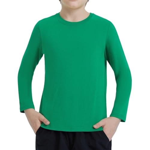 Image of Ewbob Kids Cotton Plain Long Sleeve T Shirt Lightweight T-Shirt Boys Girls Breathable Tee Tops for Children Classic Casual Unisex Shirts for Age 3-14 Years(C21-Green-5-6Y)