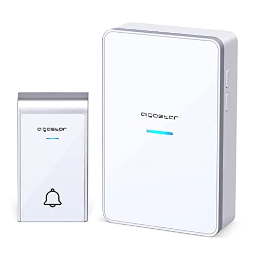 Image of Aigostar Wireless Doorbell, IP44 Waterproof Cordless Door Chime Kit with 1 Receiver, 36 Chime, 3-Level Volume, 150m Range Battery Opperated, Doorbell for Apartment, Home, White&Silver
