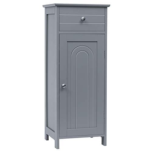 Image of COSTWAY Bathroom Storage Cabinet, Freestanding Wooden Narrow Floor Cupboard with Single Door and Drawer, Slim Bathroom Cabinet Unit for Living Room Hallway (Grey, 7-Position Adjustable Shelves)
