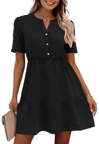 Image of Ancapelion Denim Dress for Women Babydoll Short Sleeve Button Down Jean Shirt Dresses Summer Cotton Casual Dresses Black L