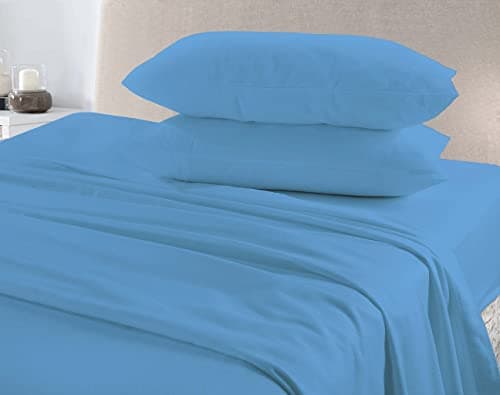 Image of Extra Deep Fitted Sheets Plain Flannelette 100% Brushed Cotton Thermal Super Soft Warm Cosy 40cm Deep Fitted Sheets (Blue, Double)