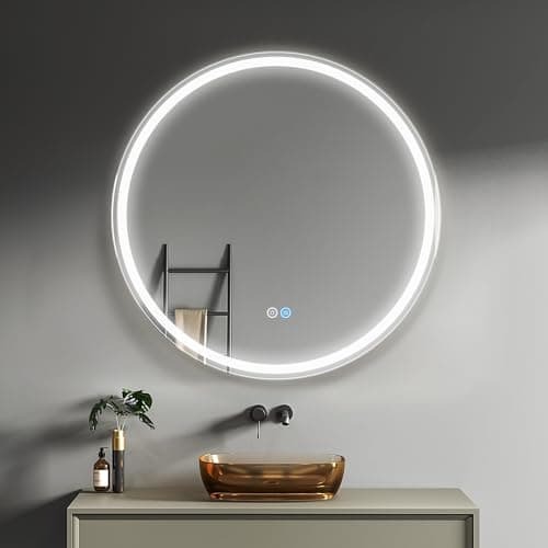 Image of Sunowl Bathroom Mirror with LED Lights, 500x500mm Illuminated Bathroom Mirror, Wall-Mounted Vanity Mirrors 3 Colors Dimmable/Demister Pad, Horizontal/Vertical