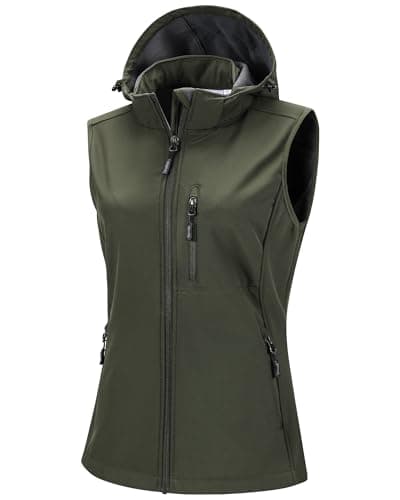 Image of 33,000ft Women's Lightweight Softshell Gilets with Hood Sleeveless Jacket Waterproof Windproof Vest Lady's Fleece Lined Vest with 5 Zip up Pockets Olive Green M