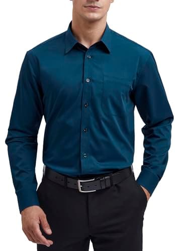 Image of HISDERN Men's Long Sleeve Teal Shirt Business Bamboo Fiber Dress Shirt Regular Fit Non Iron Shirt with Pocket,L