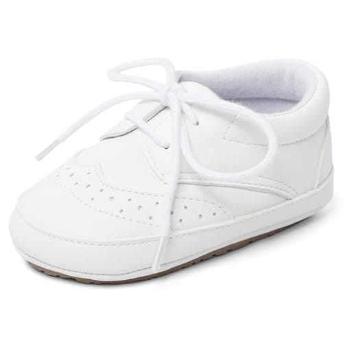 Image of LACOFIA Baby Boys' First Walking Shoes Anti-Slip Infant Smart Occasion Shoes Prewalkers White 12-18 Months