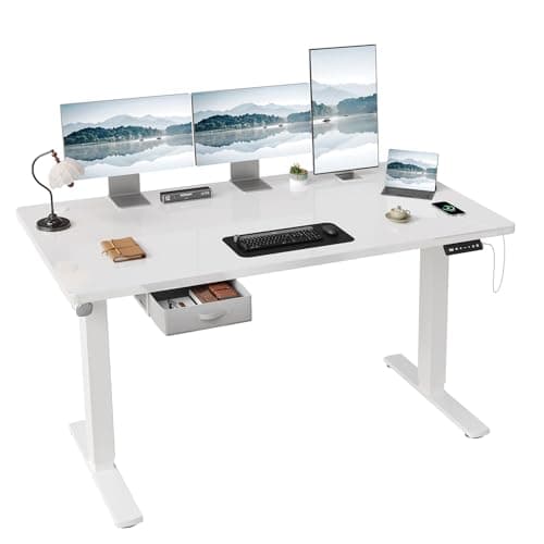 Image of JUMMICO Height Adjustable Electric 160 x 80cm Standing Desk with Drawer & Hooks – Height Adjustable Sit Stand Desk with Stable Steel Frame, Wide Desktop Standing Table for Home Office,White