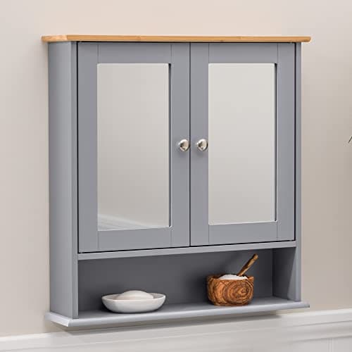 Image of CHRISTOW Mirrored Bathroom Cabinet Wall Mounted, Grey & Bamboo-Effect Wooden Bathroom Mirror Storage Unit With Shelf, H58cm x W56cm x D13cm